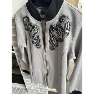 Bob‎ Mackie Zip Up Wearble  Art Sz L Lt Gray Black Zip Cardigan Sweater Med